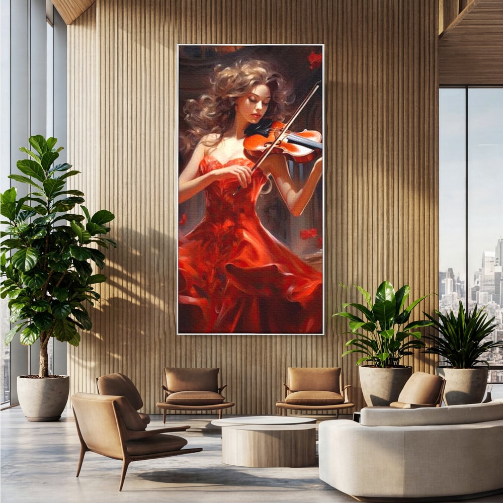 Tablou canvas cu tablou canvas cu femeie violonista, in rama de aluminiu argintiu, pe perete intr-un birou